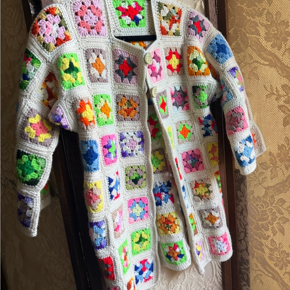Vintage Granny Square Colorful Crochet Cardigan